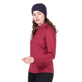 Mountain Equipment Cerrig Women's LS Zip T in Maroon - Three-Quarter on Model