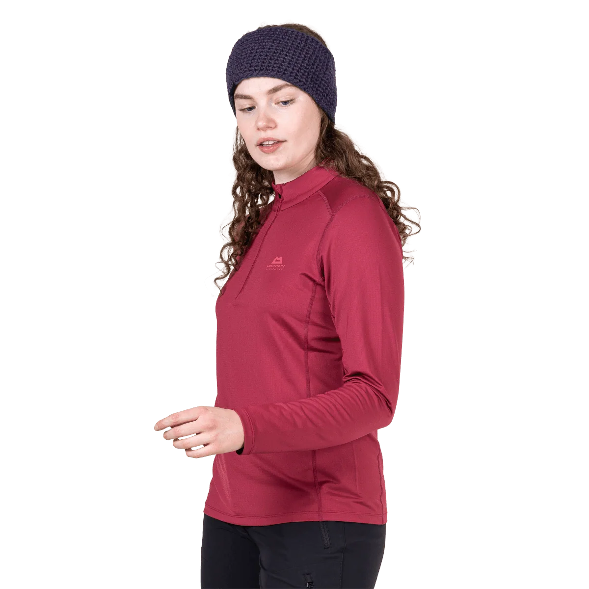 Mountain Equipment Cerrig Women's LS Zip T in Maroon - Three-Quarter on Model