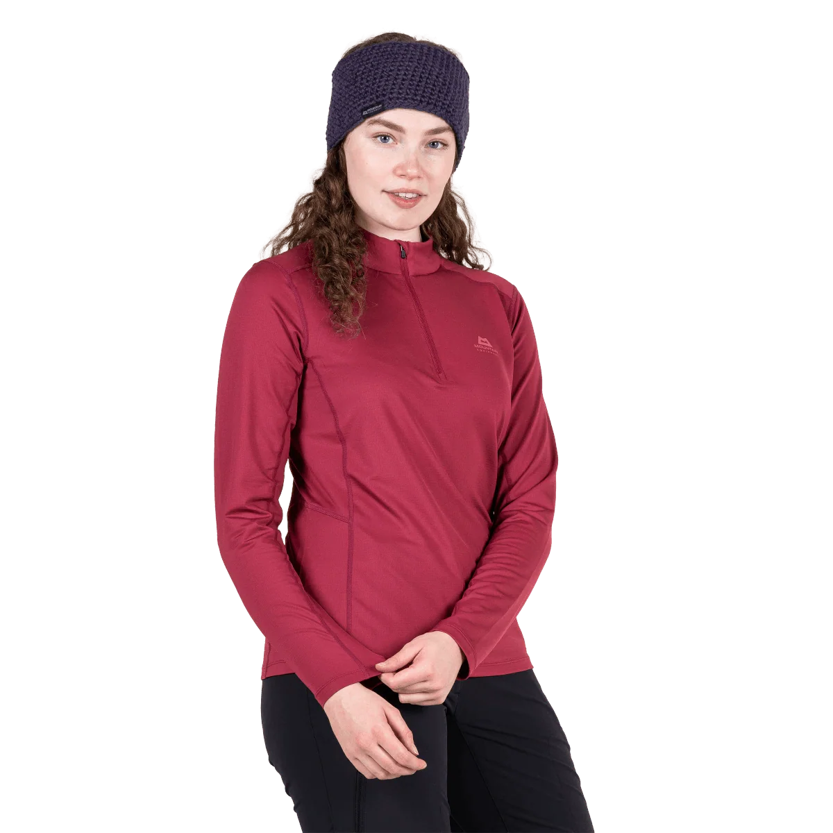 Mountain Equipment Cerrig Women's LS Zip T in Maroon - Front on Model 2