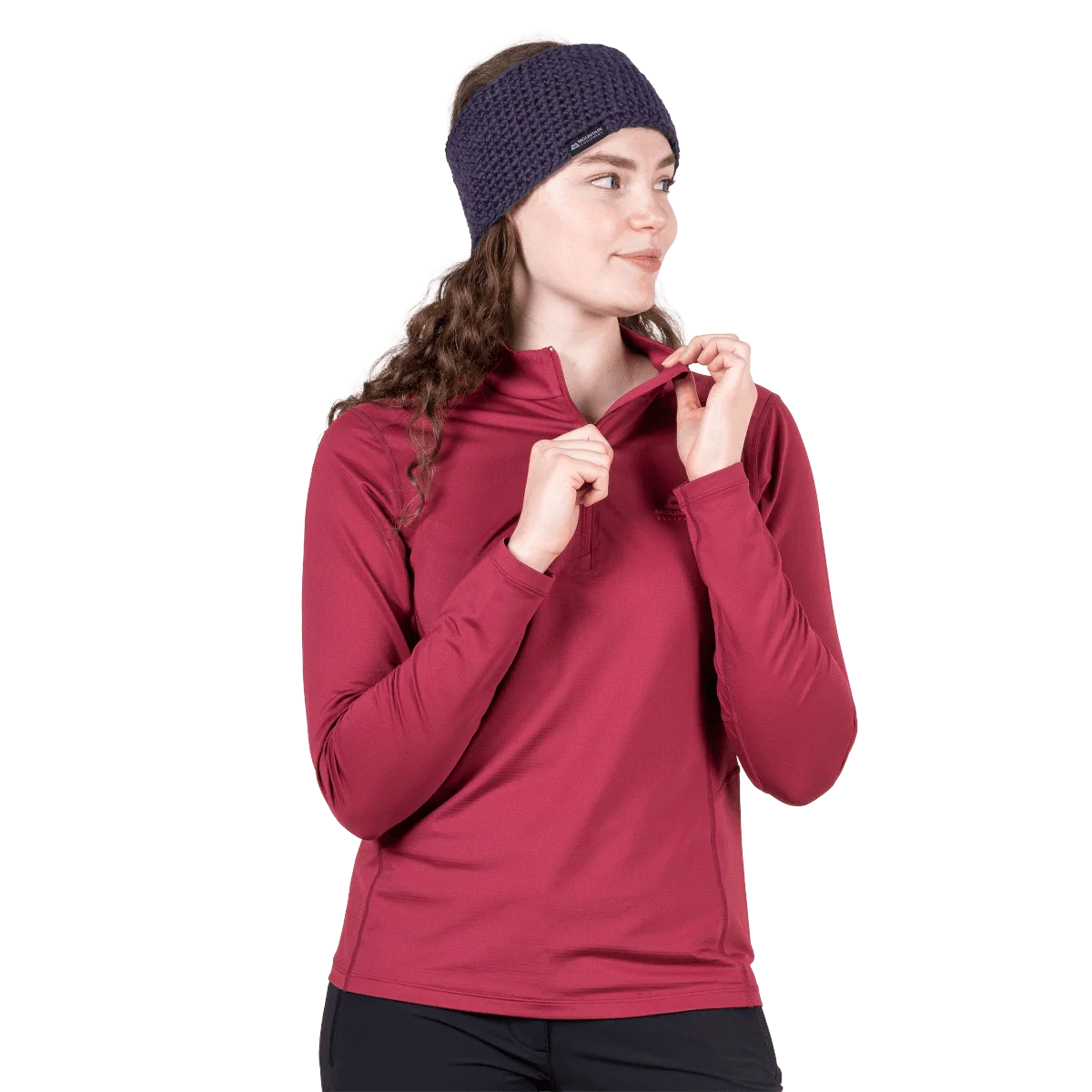 Mountain Equipment Cerrig Women's LS Zip T in Maroon - Front on Model, Zip Detail 2