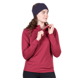 Mountain Equipment Cerrig Women's LS Zip T in Maroon - Front on Model, Zip Detail 2