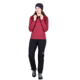 Mountain Equipment Cerrig Women's LS Zip T in Maroon - Front on Model, Zip Detail