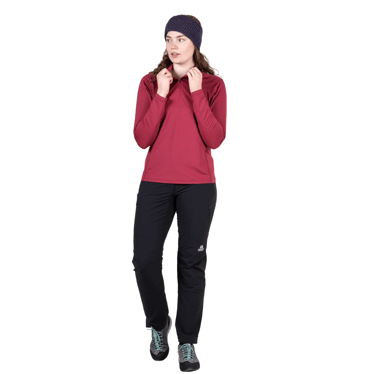 Mountain Equipment Cerrig Women's LS Zip T in Maroon - Front on Model, Zip Detail