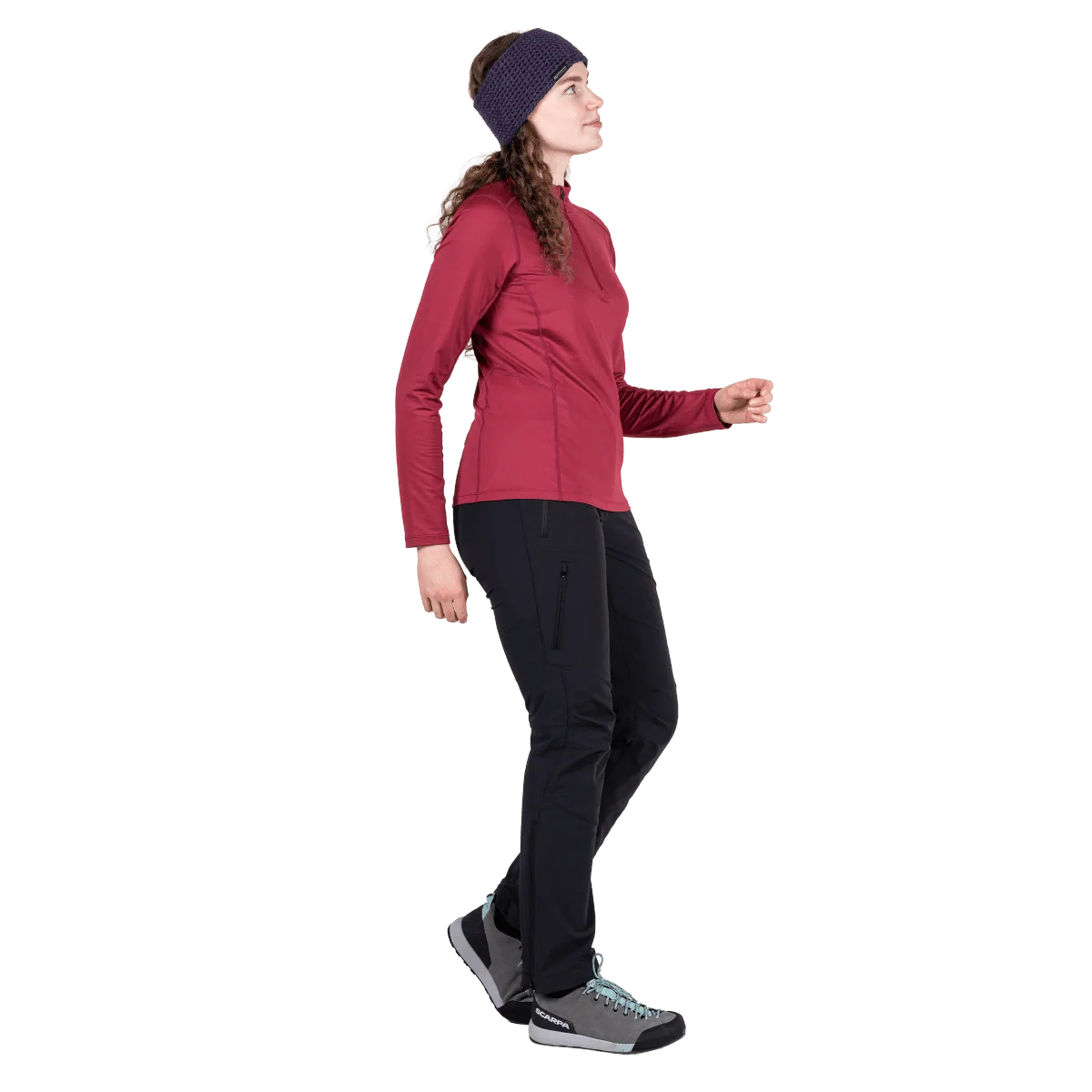 Mountain Equipment Cerrig Women's LS Zip T in Maroon - Side on Model 2