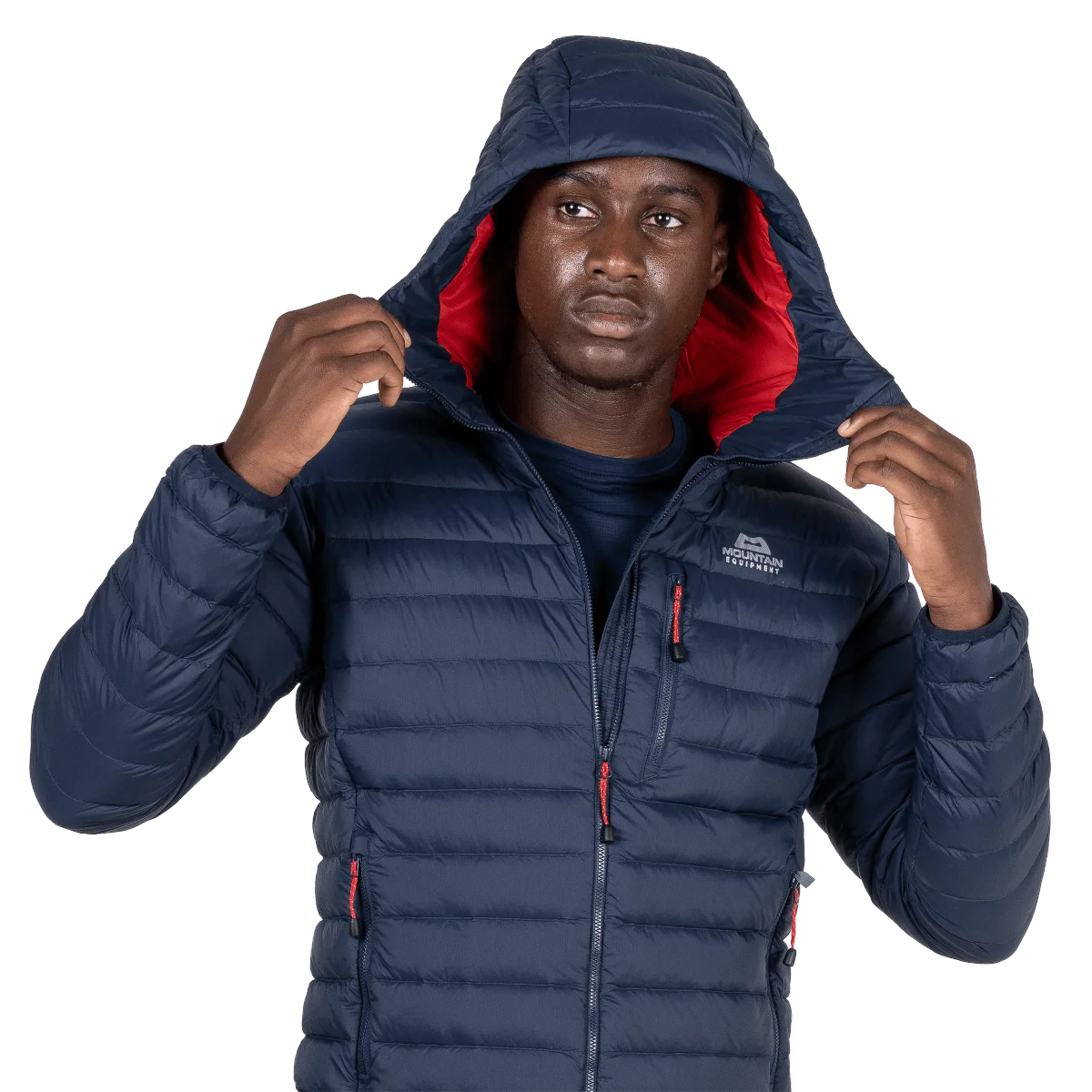 Mountain Equipment Earthrise Hooded Men's Jacket in Cosmos - Hem Drawcord Detail Model