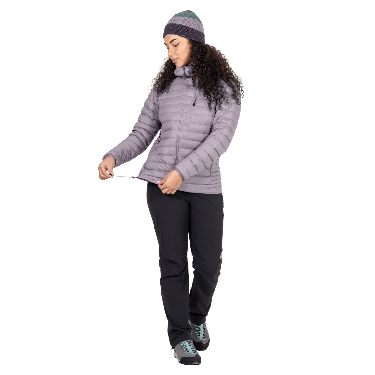 Mountain Equipment Earthrise Hooded Women's Jacket in Allium - worn