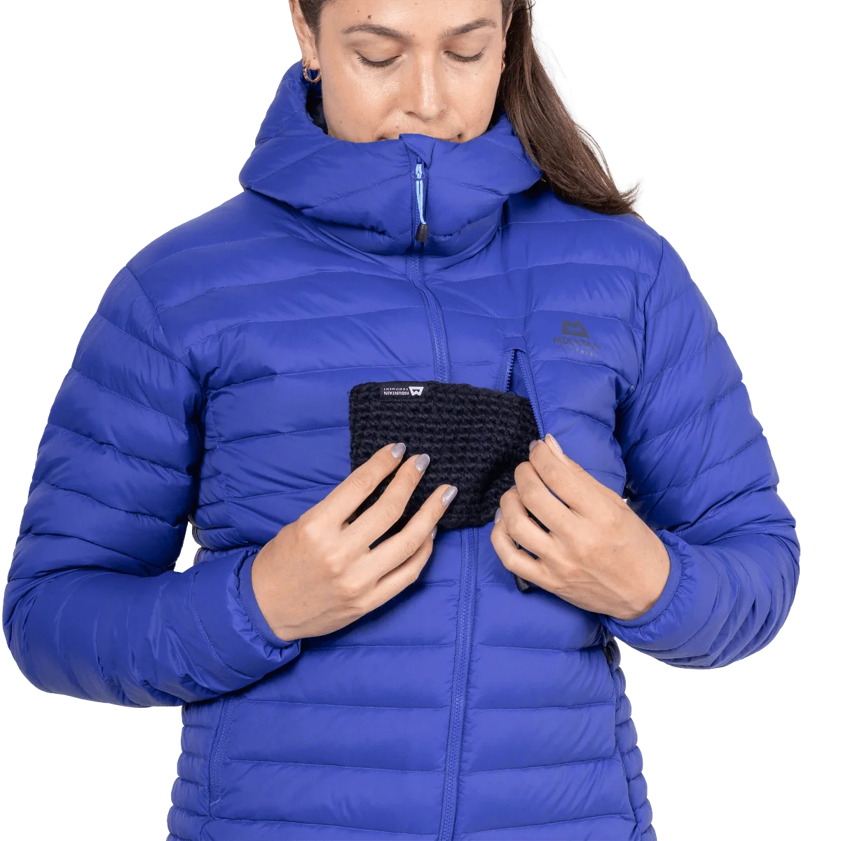 Mountain Equipment Earthrise Hooded Women's Jacket in Clematis - worn