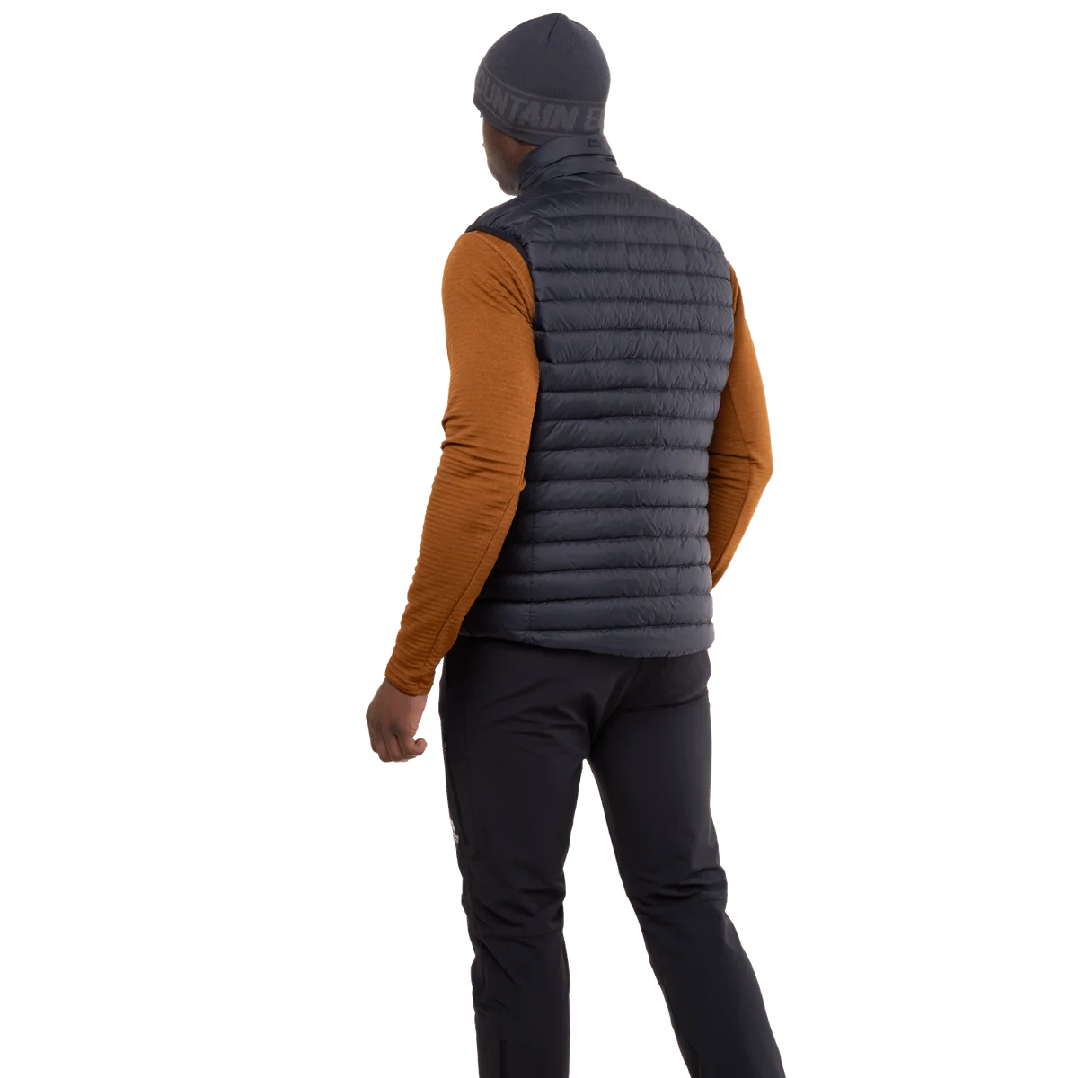 Mountain Equipment Earthrise Men's Vest in Black/Black - back, worn