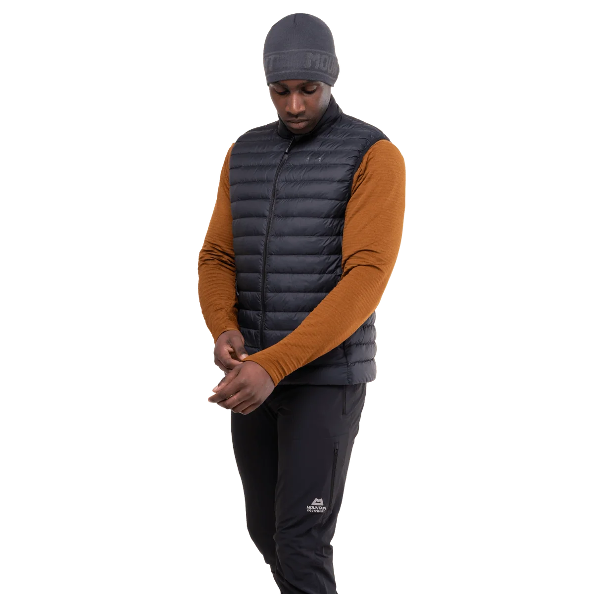 Mountain Equipment Earthrise Men's Vest in Black/Black - back, worn