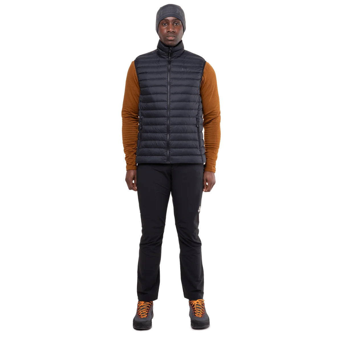 Mountain Equipment Earthrise Men's Vest in Black/Black - front, worn
