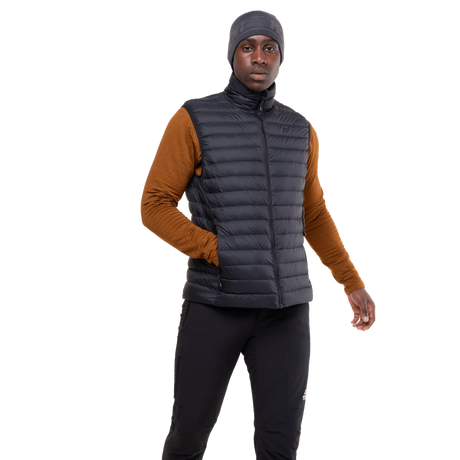 Mountain Equipment Earthrise Men's Vest in Black/Black - front, worn