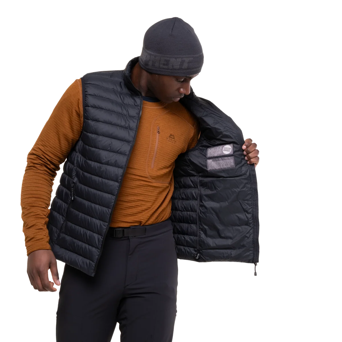 Mountain Equipment Earthrise Men's Vest in Black/Black - side, worn