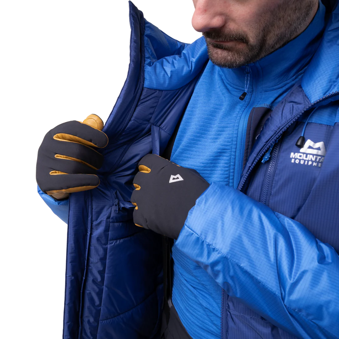 Mountain Equipment Fitzroy Men's Jacket in Admiral/Atlantic - Pocket and Glove Detail