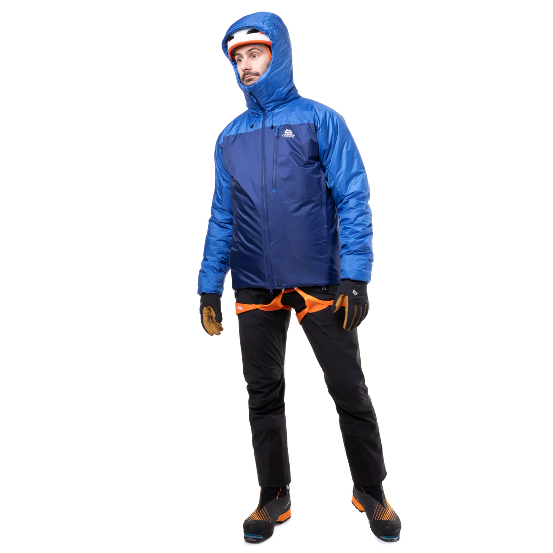 Mountain Equipment Fitzroy Men's Jacket in Admiral/Atlantic - On Model Hood Up Front