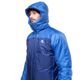 Mountain Equipment Fitzroy Men's Jacket in Admiral/Atlantic - On Model Hood Up Side