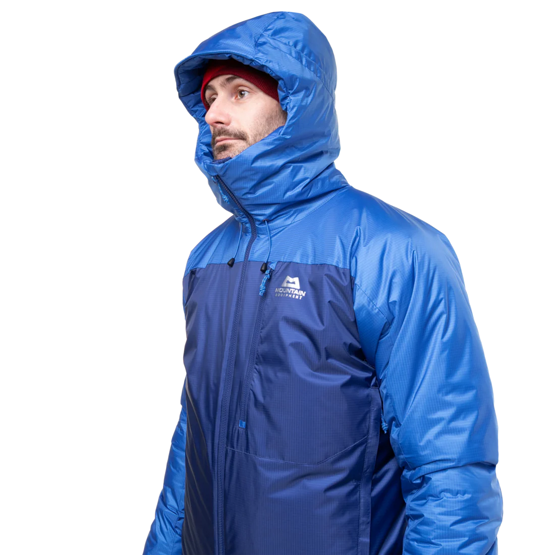 Mountain Equipment Fitzroy Men's Jacket in Admiral/Atlantic - On Model Hood Up Side
