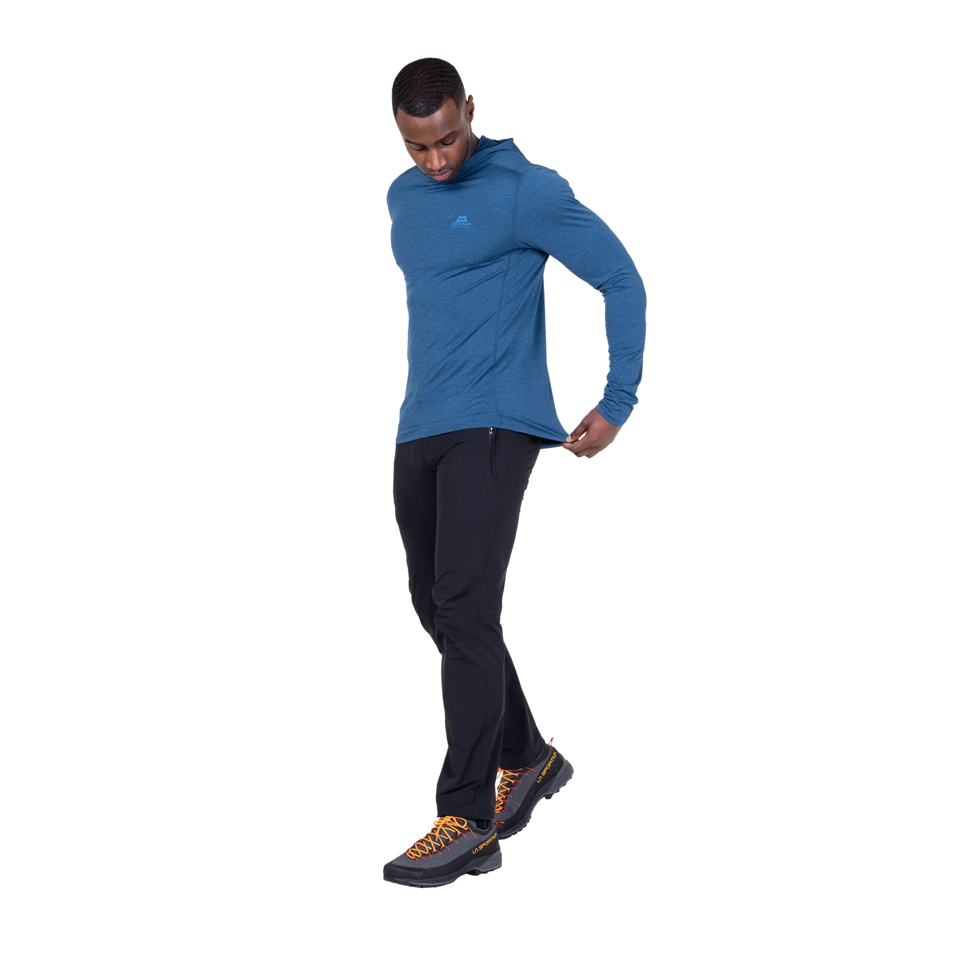 Mountain Equipment Glace Hooded Men's Top in Admiral Blue - Front walking