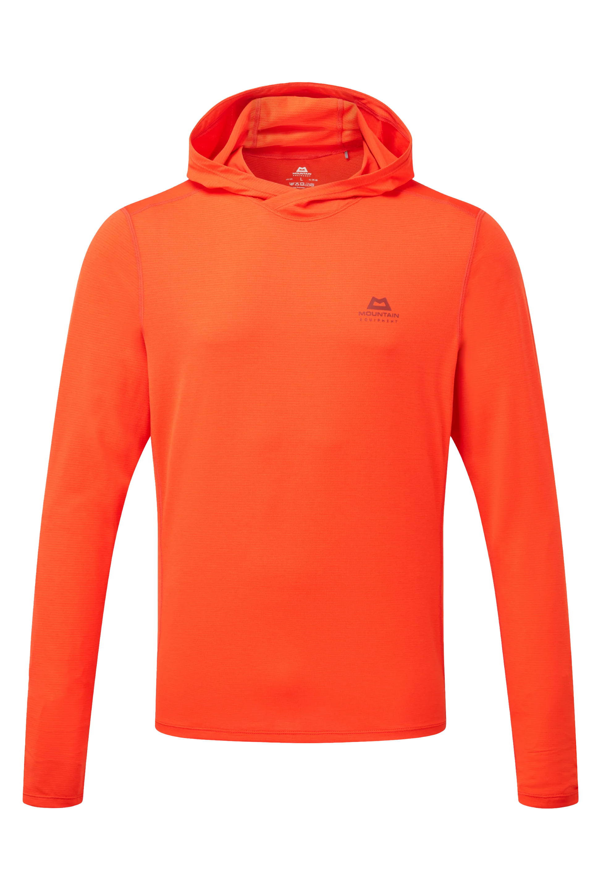 Mountain Equipment Glace Hooded Men's Top in Cardinal Orange - Flat lay