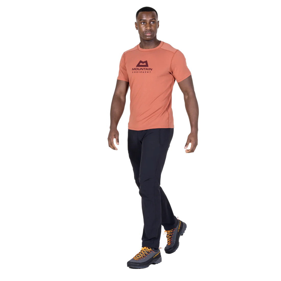 Mountain Equipment Headpoint Emblem Men's Tee in Etruscan Red - Walking Side Model