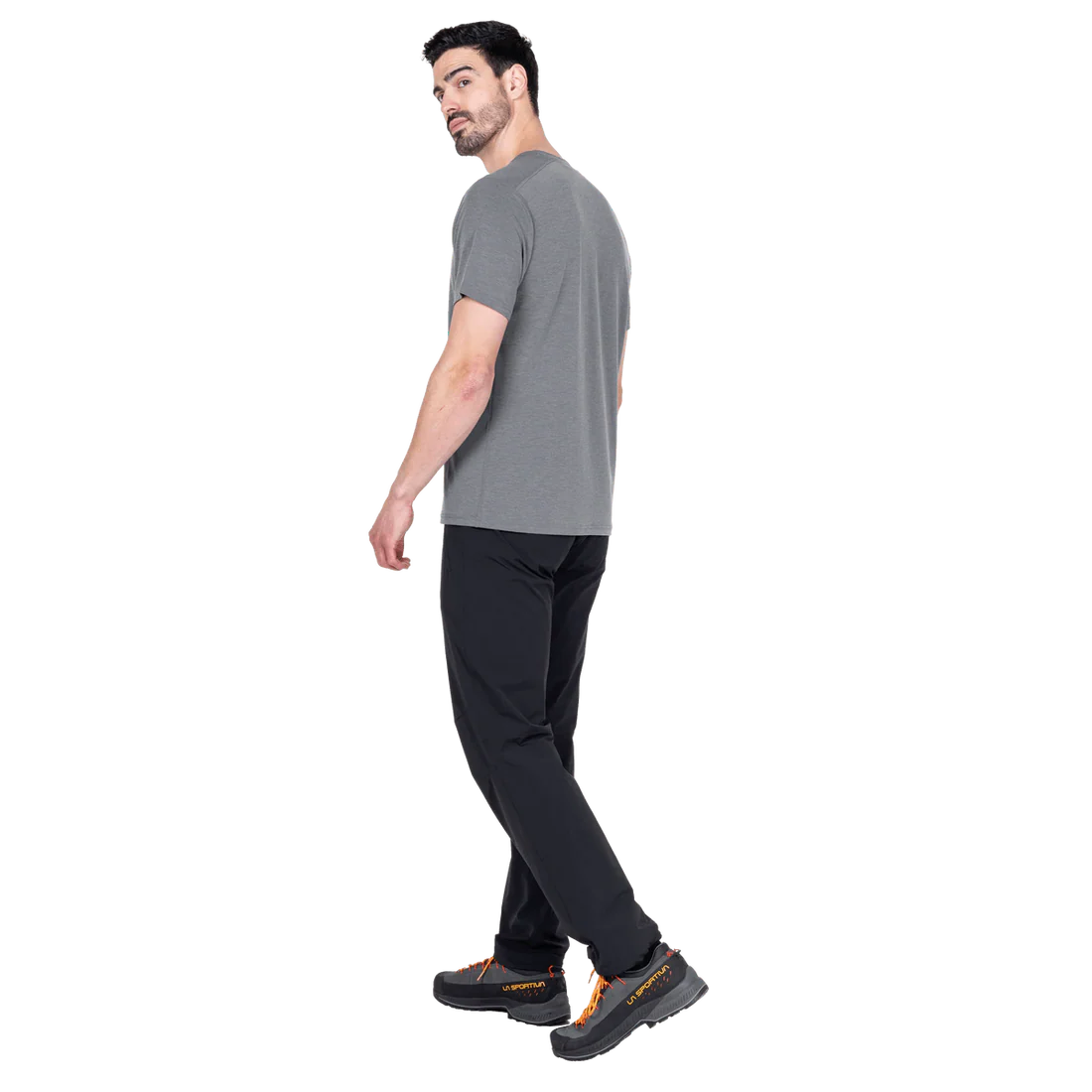 Mountain Equipment Headpoint Emblem Men's Tee in Flint Grey - Back Walking Model