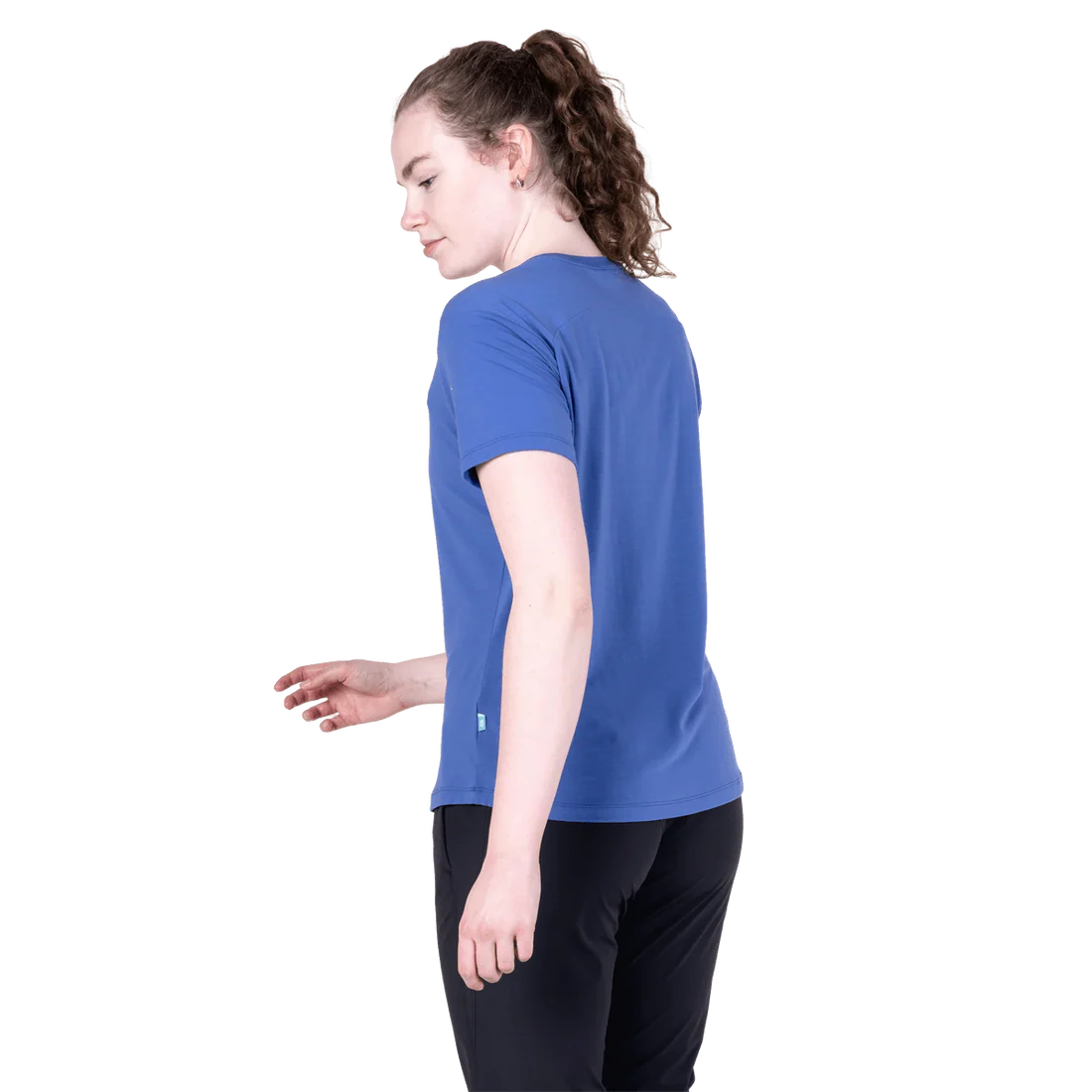 Mountain Equipment Headpoint Women's Tee in Vivid Blue - On Model Side Walk