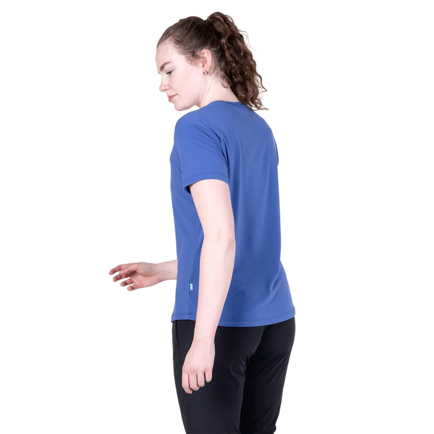 Mountain Equipment Headpoint Women's Tee in Vivid Blue - On Model Side Walk