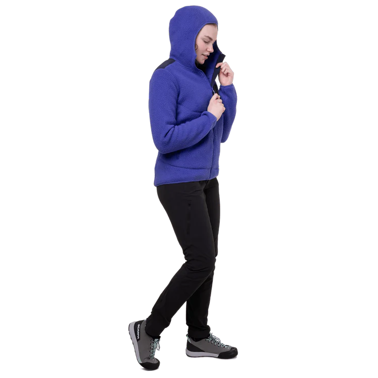 Mountain Equipment Highpile Hooded Women's Jacket in Clematis/Cosmos - On Model Back Walk