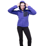 Mountain Equipment Highpile Hooded Women's Jacket in Clematis/Cosmos - On Model Hood Adjust
