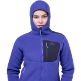 Mountain Equipment Highpile Hooded Women's Jacket in Clematis/Cosmos - On Model Hood Front