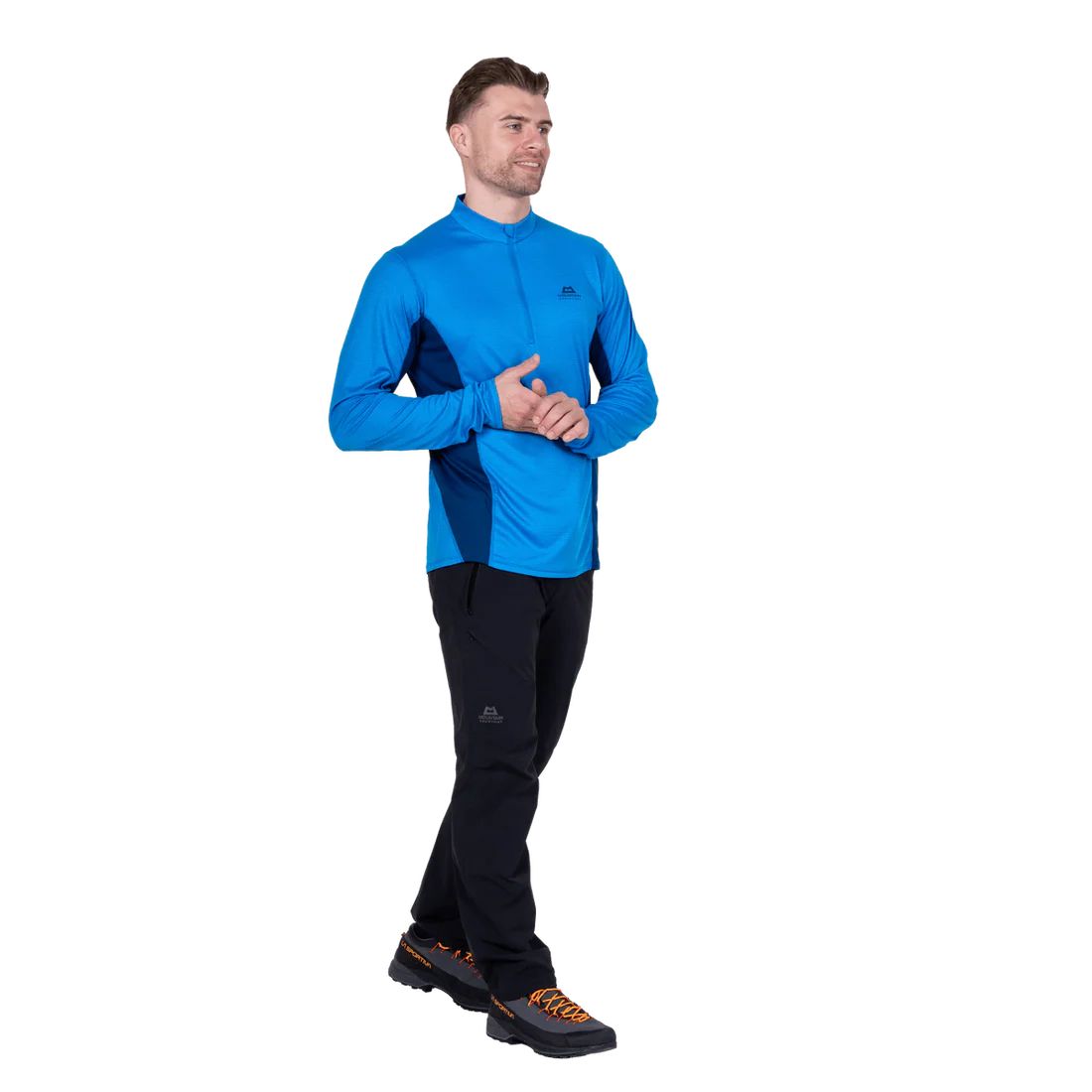 Mountain Equipment Ignis Long Sleeve Men's Zip Tee in Admiral/Atlantic - On Model Front