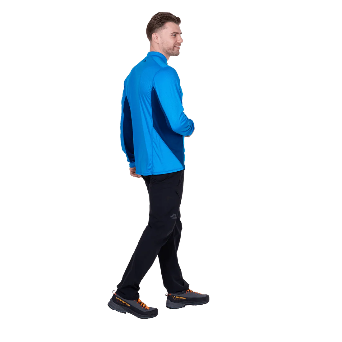 Mountain Equipment Ignis Long Sleeve Men's Zip Tee in Admiral/Atlantic - On Model Walking Front