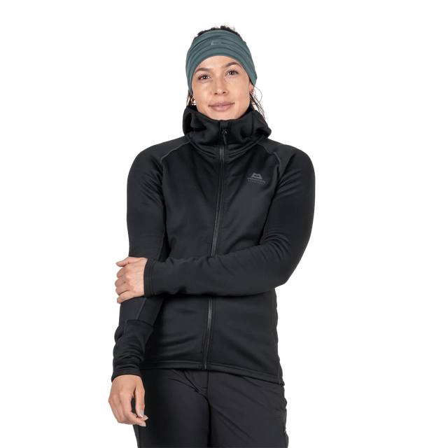 Mountain Equipment Jorasses Hooded Women's Jacket in Black - On Model Front, Hood Up