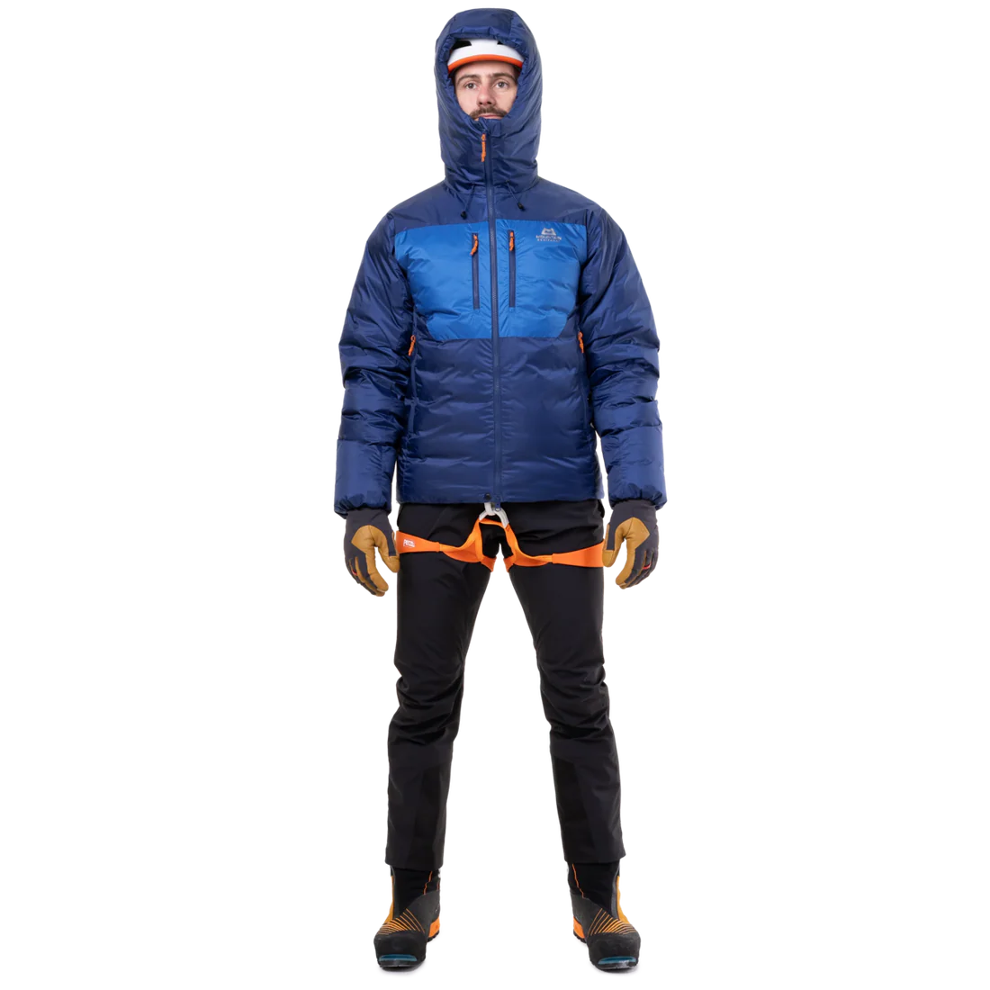 Mountain Equipment Kryos Men's Jacket in Admiral/Atlantic - On Model Hood Up Front
