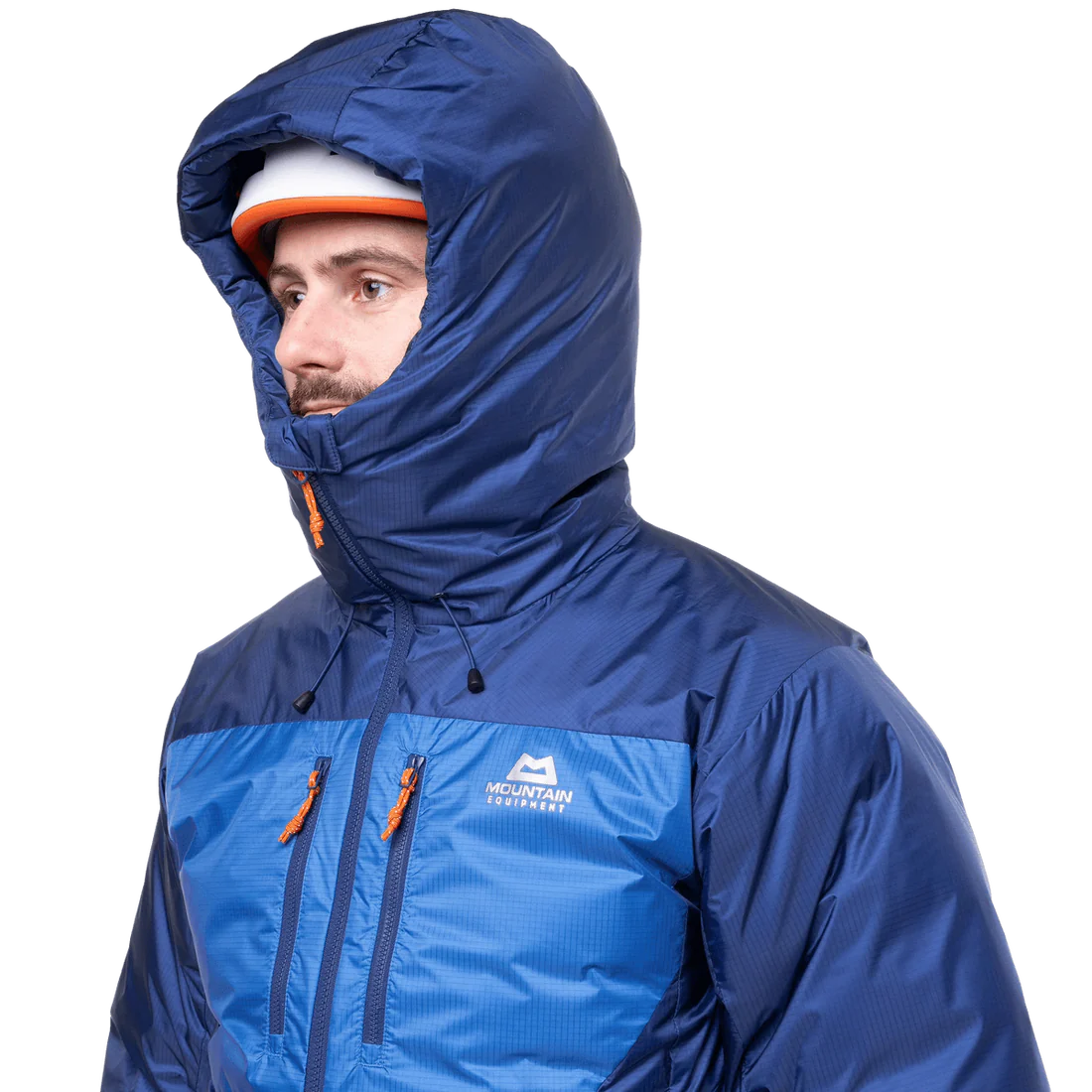 Mountain Equipment Kryos Men's Jacket in Admiral/Atlantic - On Model Hood Up Side
