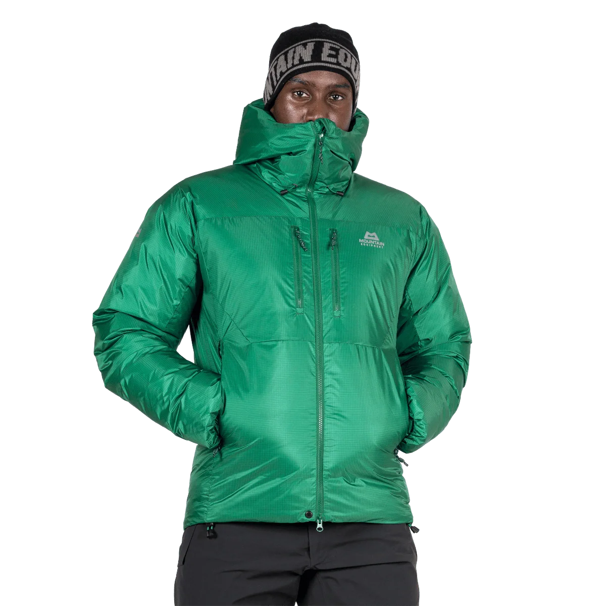 Mountain Equipment Kryos Men's Jacket in Alpine Green - Hood Up Three Quarter Detail