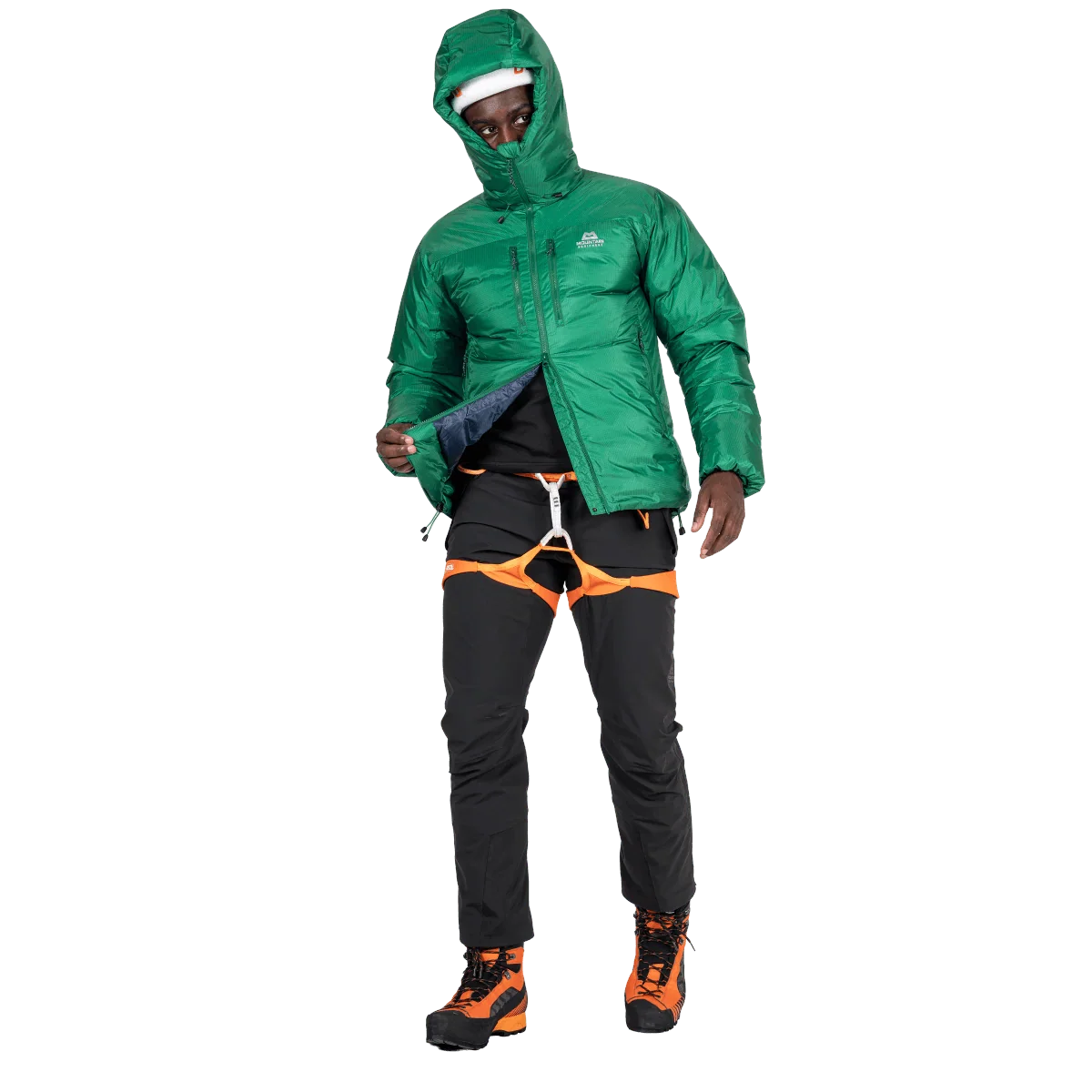 Mountain Equipment Kryos Men's Jacket in Alpine Green - On Model Harness Detail