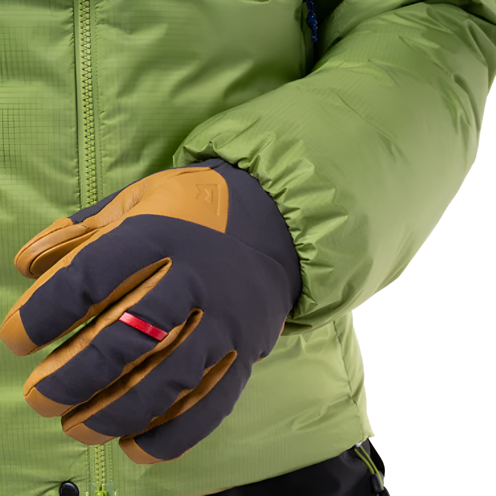Mountain Equipment Kryos Men's Jacket in Cactus/Admiral - Pocket and Glove Detail