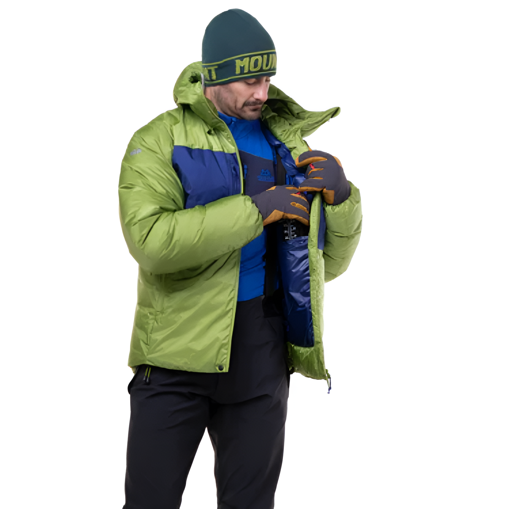 Mountain Equipment Kryos Men's Jacket in Cactus/Admiral - On Model Hood Up Back
