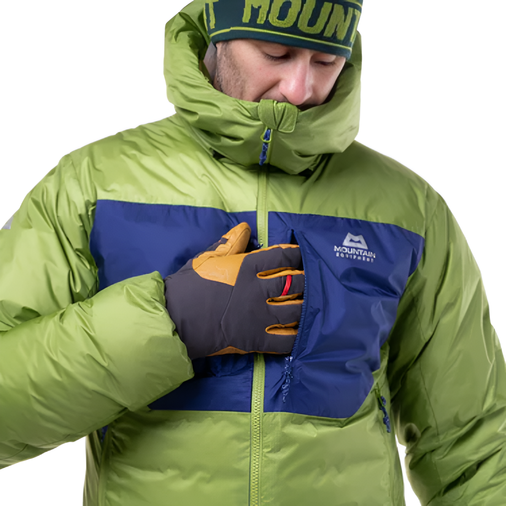 Mountain Equipment Kryos Men's Jacket in Cactus/Admiral - On Model Hood Up Front