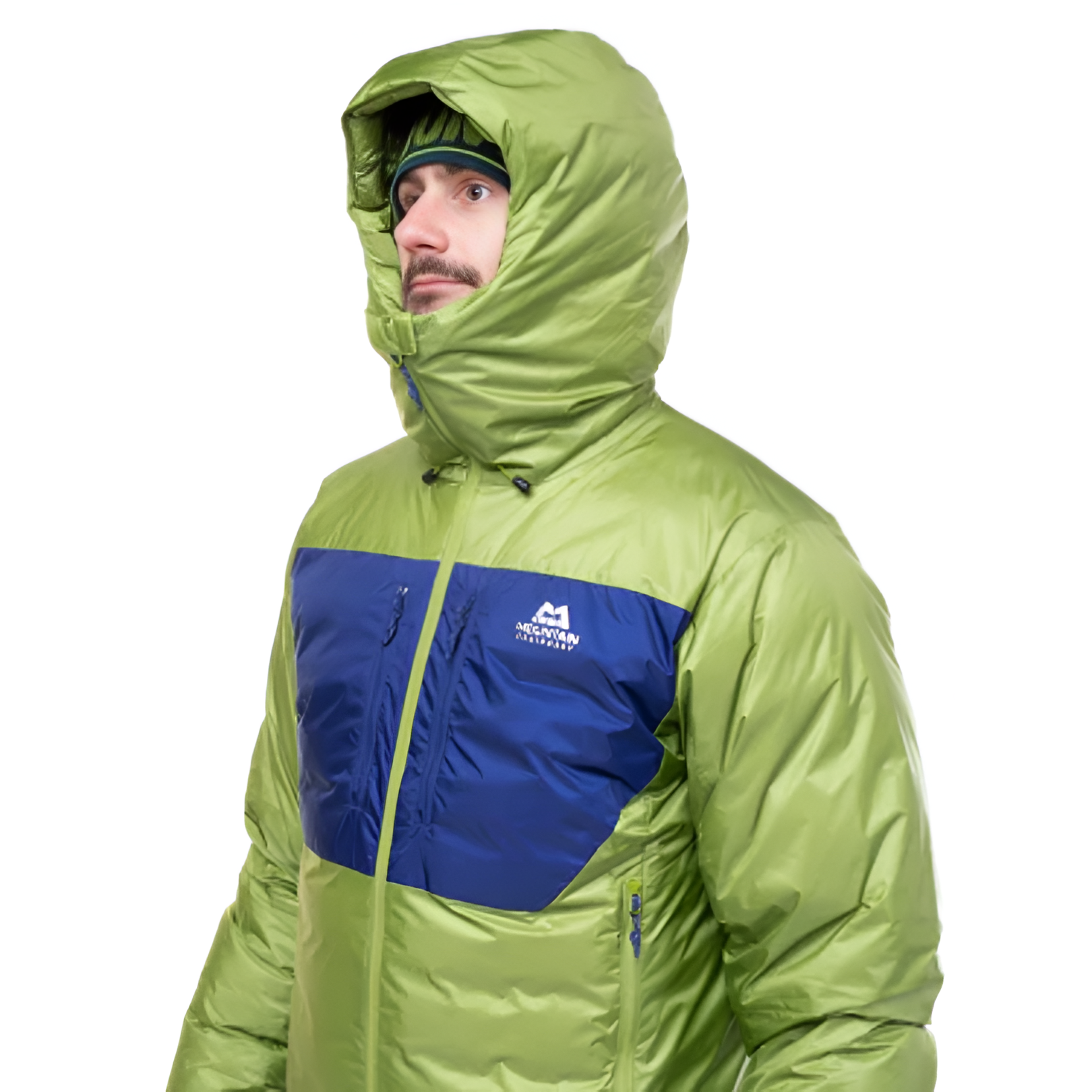 Mountain Equipment Kryos Men's Jacket in Cactus/Admiral - On Model Hood Up Side