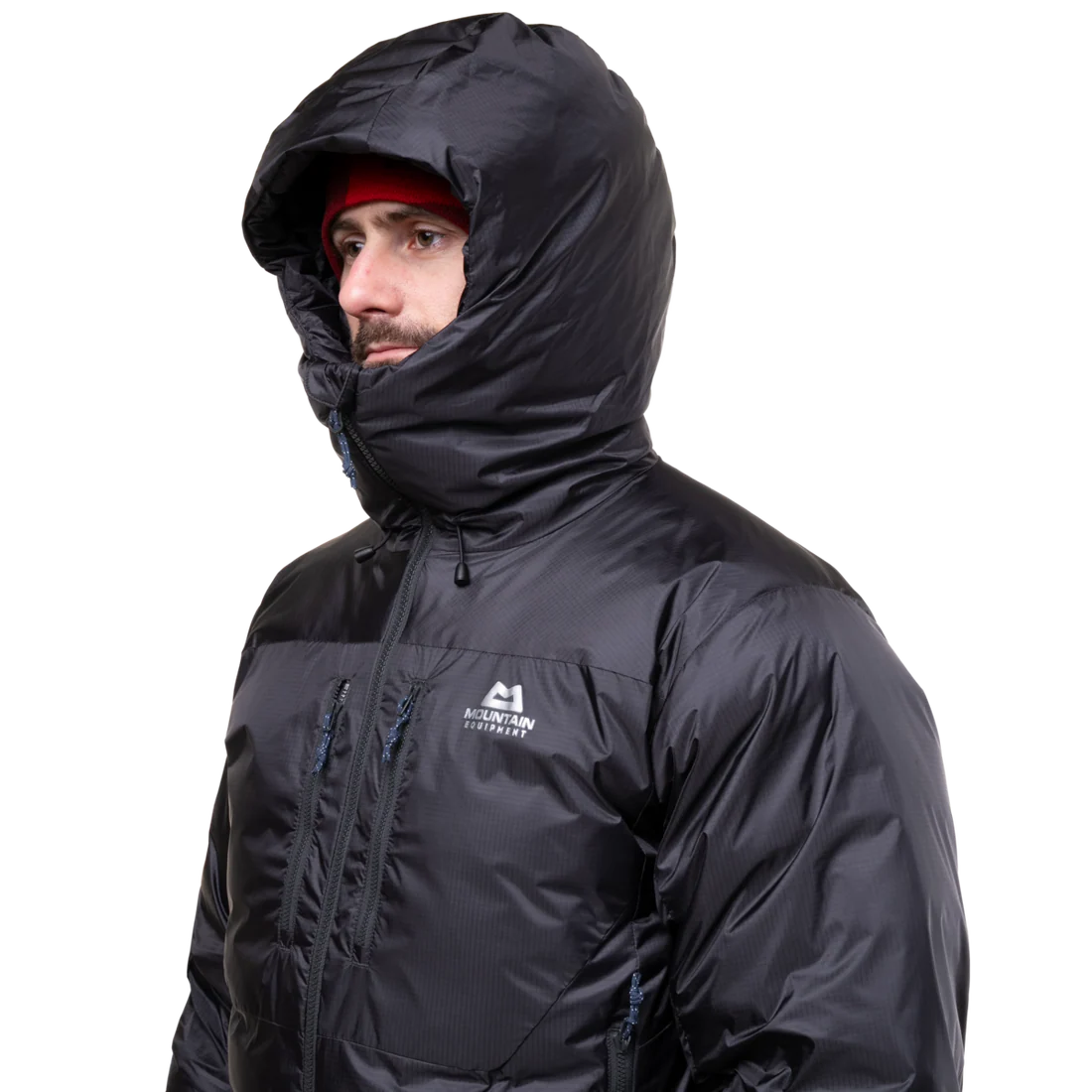 Mountain Equipment Kryos Men's Jacket in Obsidian - On Model Hood Up Front
