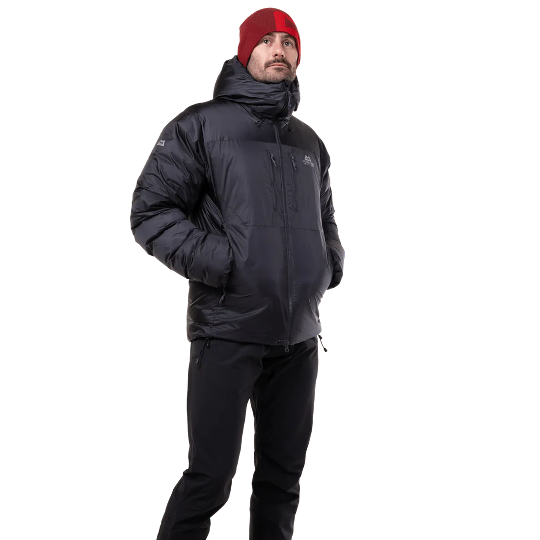 Mountain Equipment Kryos Men's Jacket in Obsidian - On Model Hood Up Side