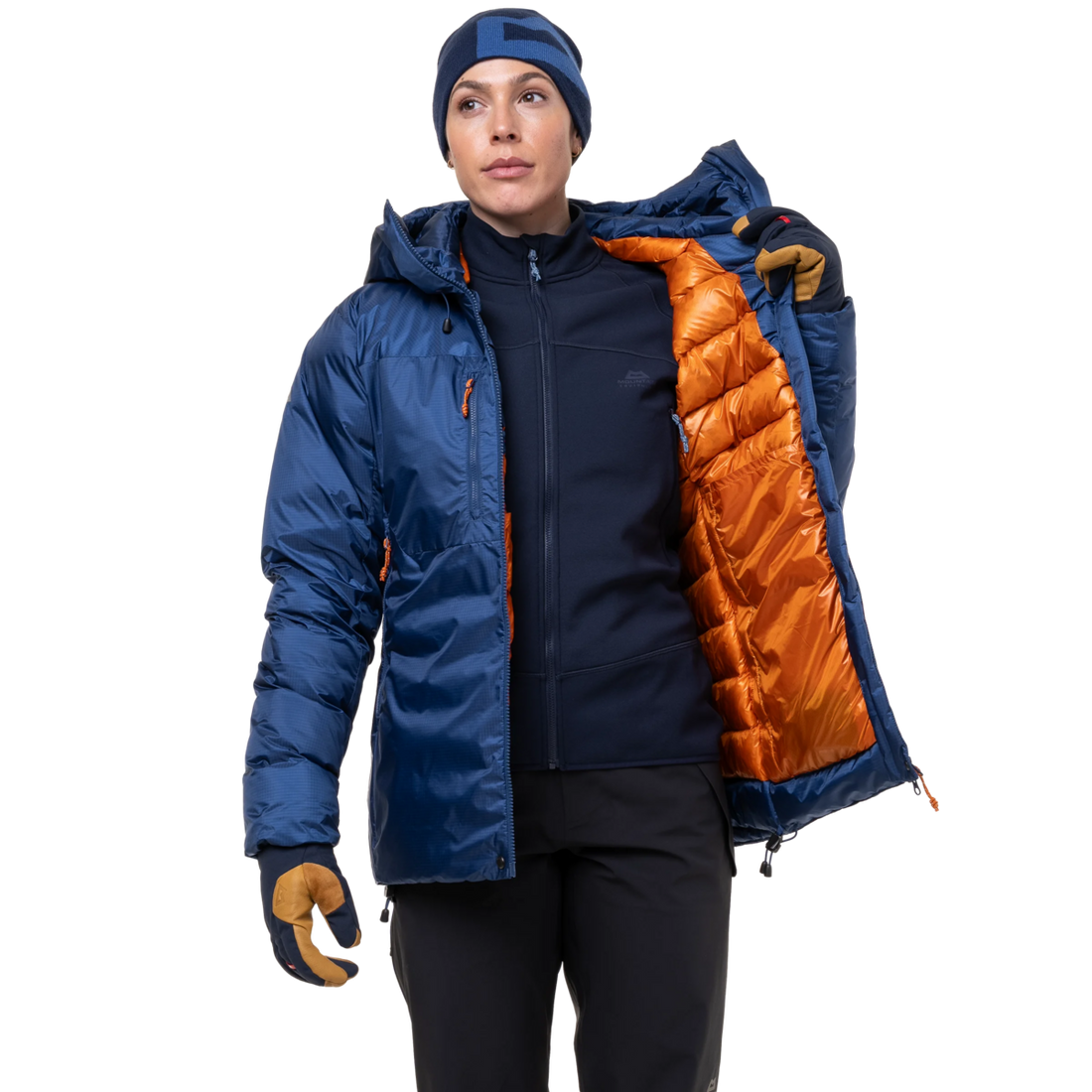 Mountain Equipment Kryos Women's Jacket in Admiral Blue - On Model Hood Up Front