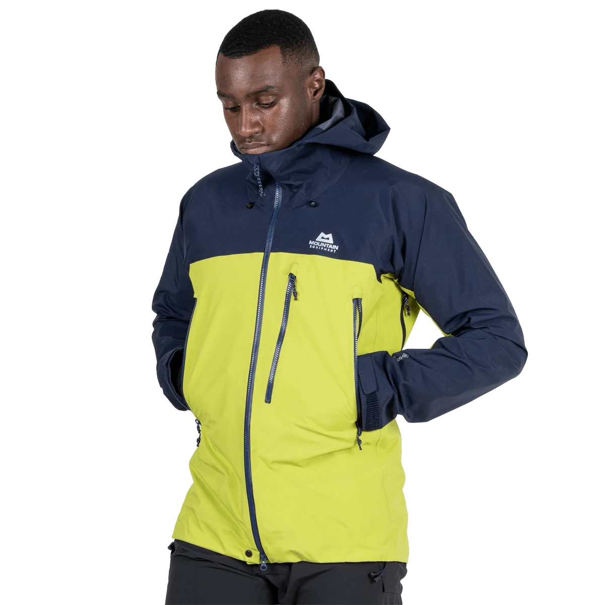 Mountain Equipment Lhotse Men's Jacket in Vine/Cosmos - Hood On Model