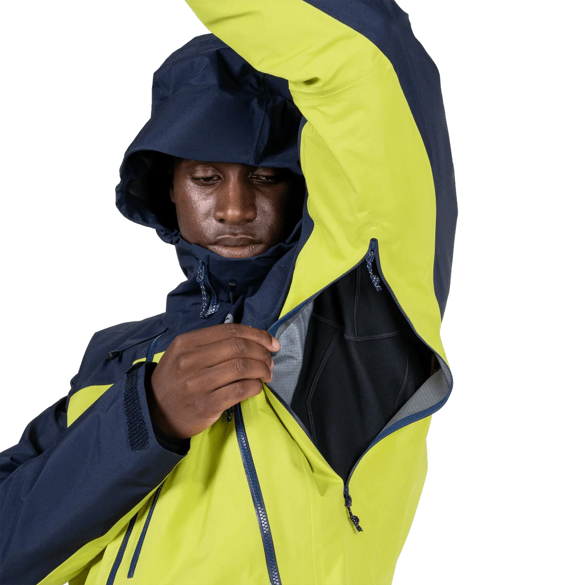 Mountain Equipment Lhotse Men's Jacket in Vine/Cosmos - Hood Side On Model