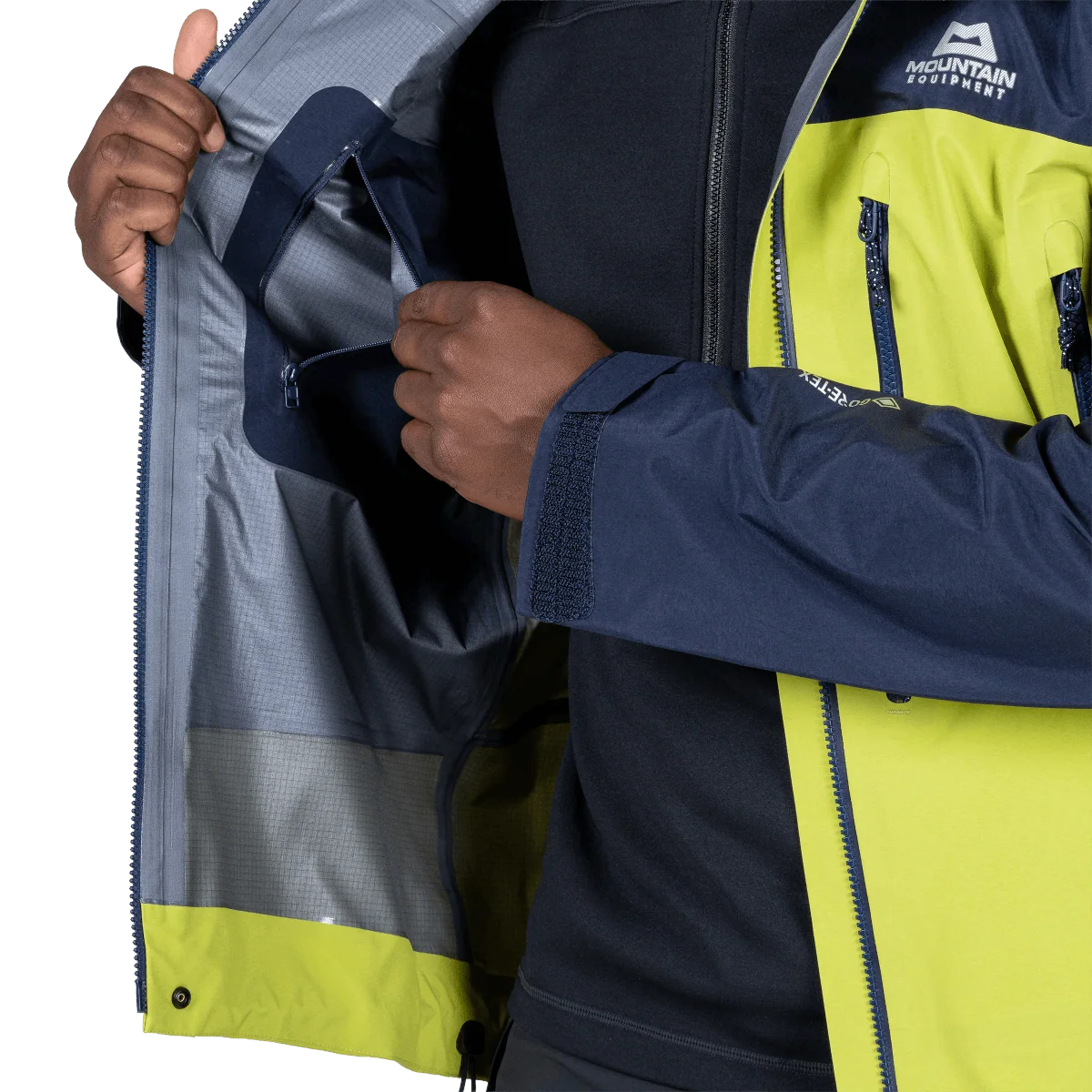 Mountain Equipment Lhotse Men's Jacket in Vine/Cosmos - Inner Pocket On Model