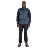 Mountain Equipment Lightline Men's Vest in Blue Nights - front view on model showing Drilite Loft outer and full length fit