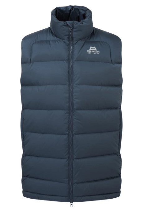 Mountain Equipment Lightline Men's Vest in Blue Nights - front view showing Drilite Loft outer and 2-way YKK moulded centre front zip