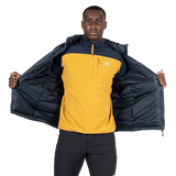 Mountain Equipment Lightline Men's Vest in Blue Nights - detail view on model showing inner lining and layering fit