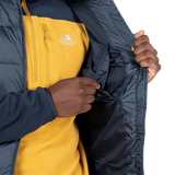 Mountain Equipment Lightline Men's Vest in Blue Nights - detail view showing zipped hand warmer pocket and Drilite Loft windproof outer fabric